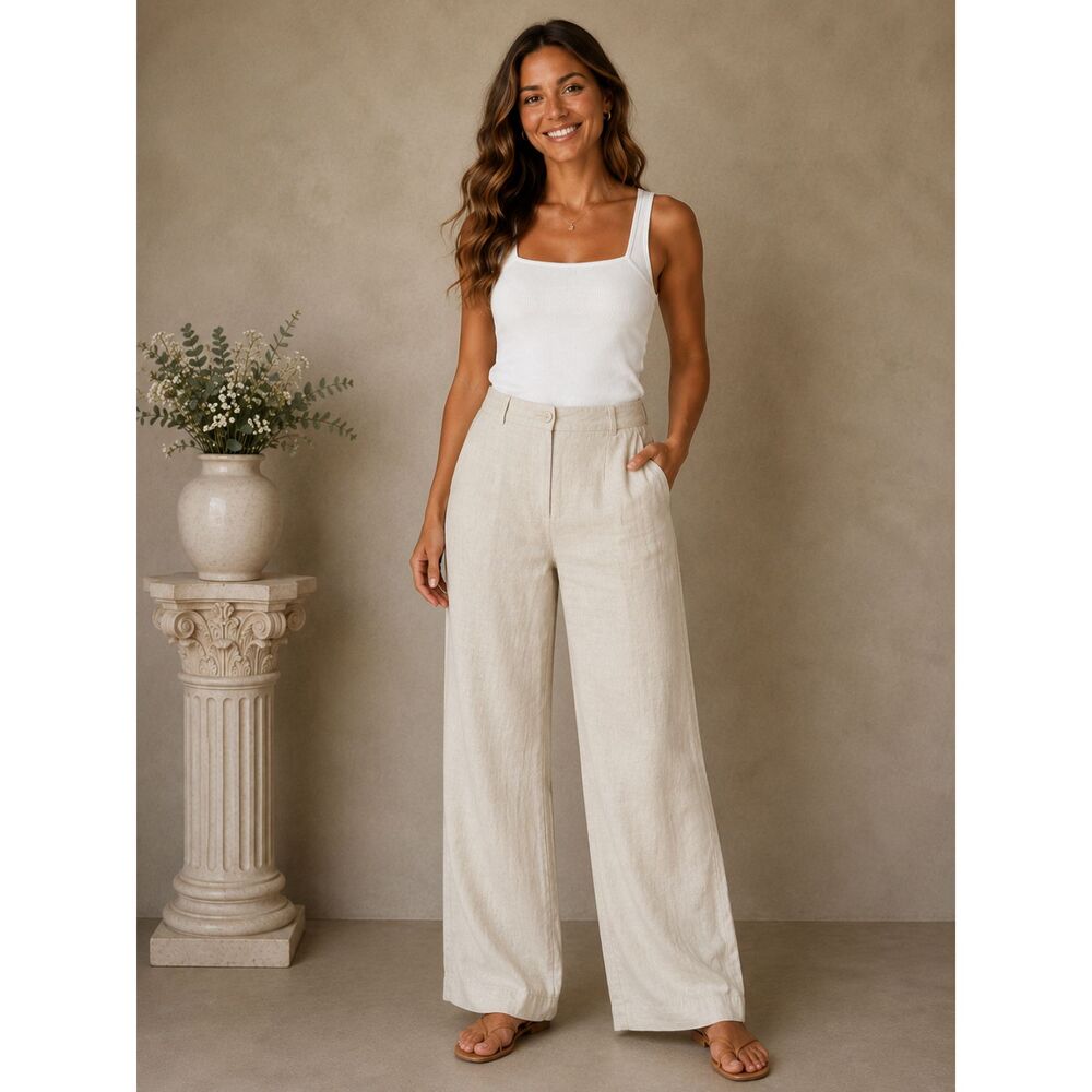Chico's Wide Leg Linen Trouser Pants Beige Coastal Nautical Preppy Size L (14)